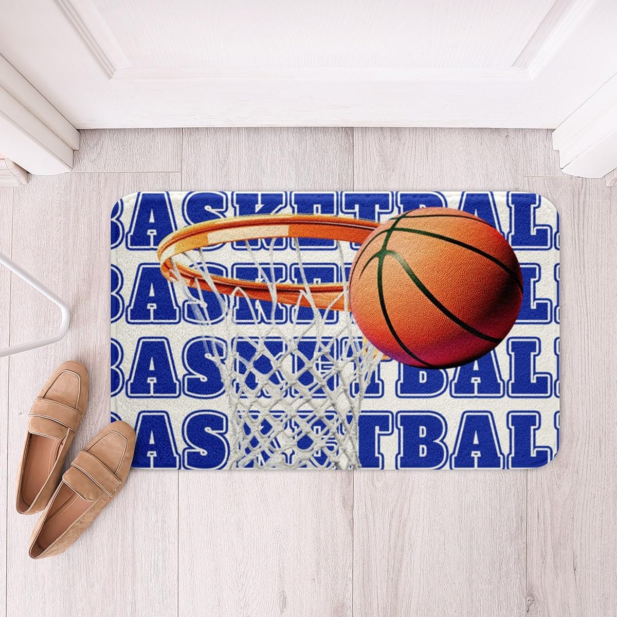 Feelyou Basketball Polyester Bath Rug Blue White Soft Fleece Door Carpet for Kids Boys Girls Orange Basketball Print Non Slip Bath Mat Ball Game Bathroom Floor Indoor Doormat,16x24 Inch