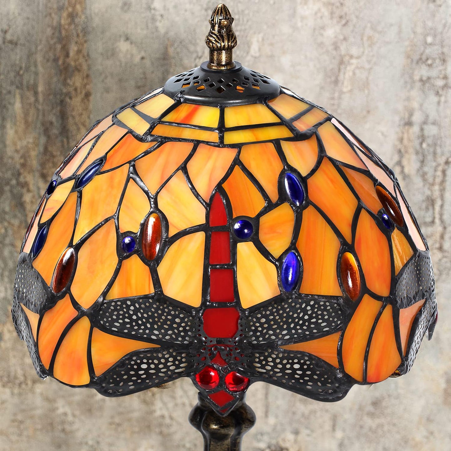 MIAOKE Stained Glass Table Lamp, Antique Dragonfly Design, Handmade Night Light for Living Room, Orange Color