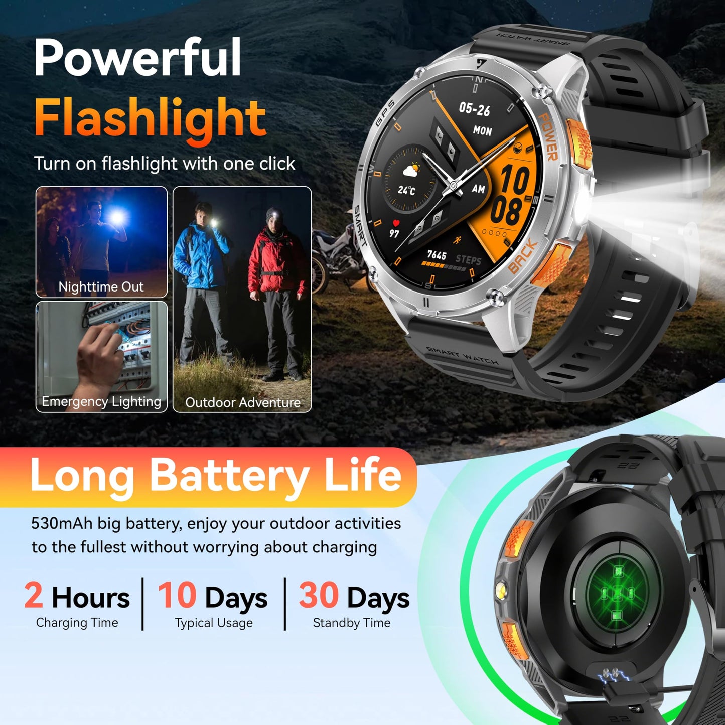 Kpep Military Smart Watches For Men With Gps, 1.43 Amoled/2 Straps/Led Flashlight/Ip68 Waterproof Smartwatch, Make/Answer Calls,