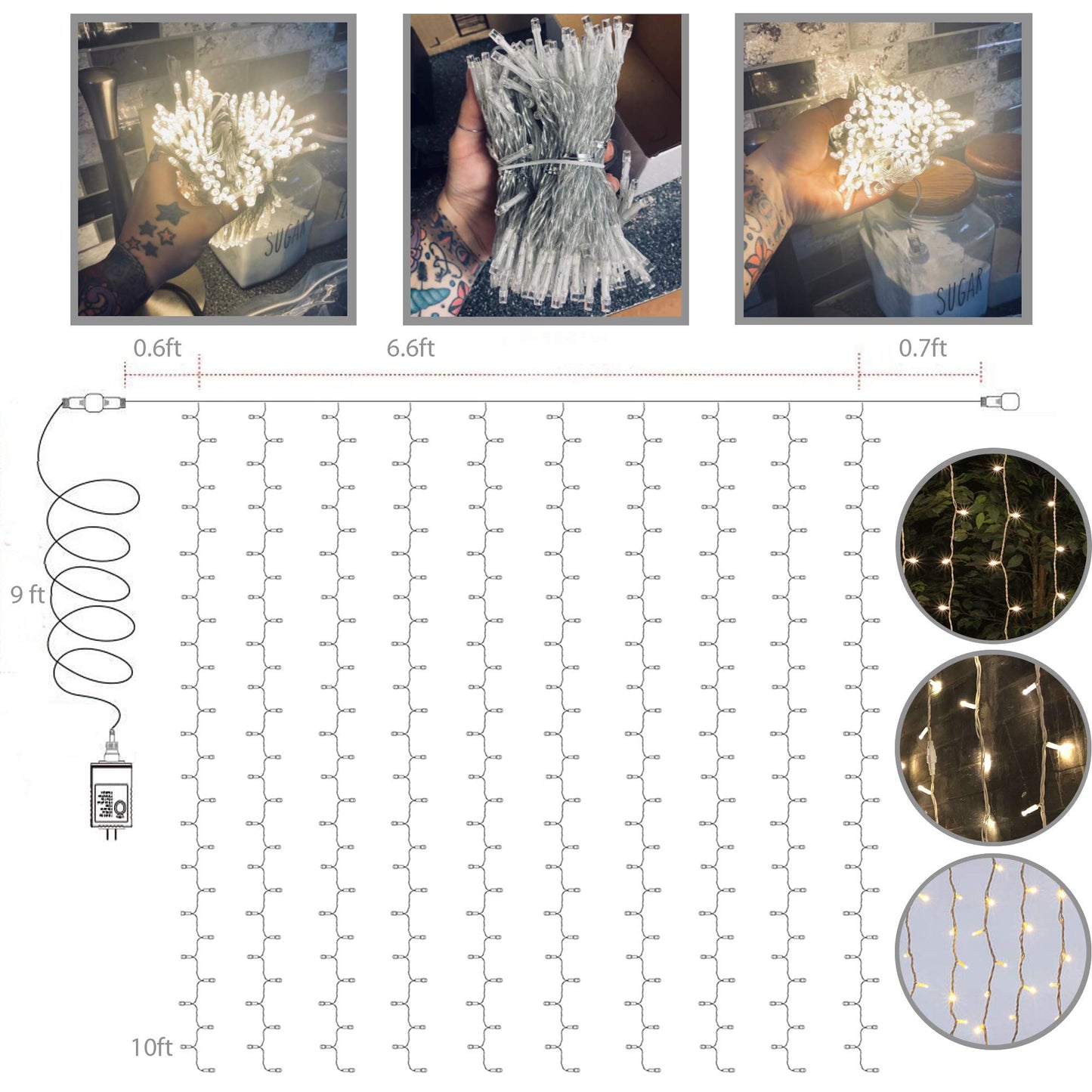 Magictec 300 LED Curtain String Light, 8 Modes, Plastic, Warm White, Model FD-2, Indoor/Outdoor Decorations