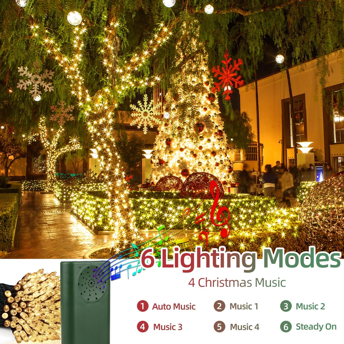 Green Convenience 33ft 100 LED String Lights, Waterproof Music Warm White, Motion Sensor, 6 Modes for Indoor Outdoor Decor