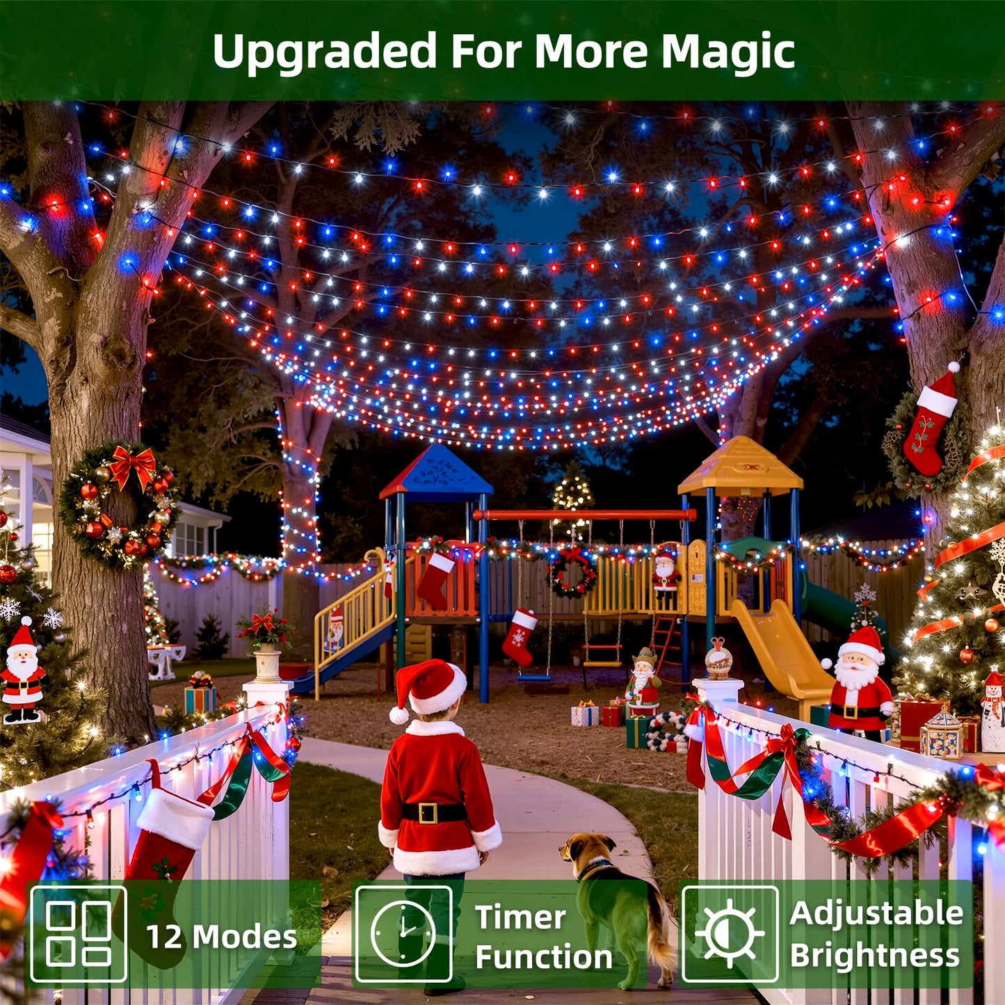 750 Led 240Ft Christmas Lights Outdoor 12 Lighting Modes Christmas String Lights With Timer  Dimmable Plug In Red White And Blue Led Stringlights Waterproof For Yard Tree Wedding Party Holiday