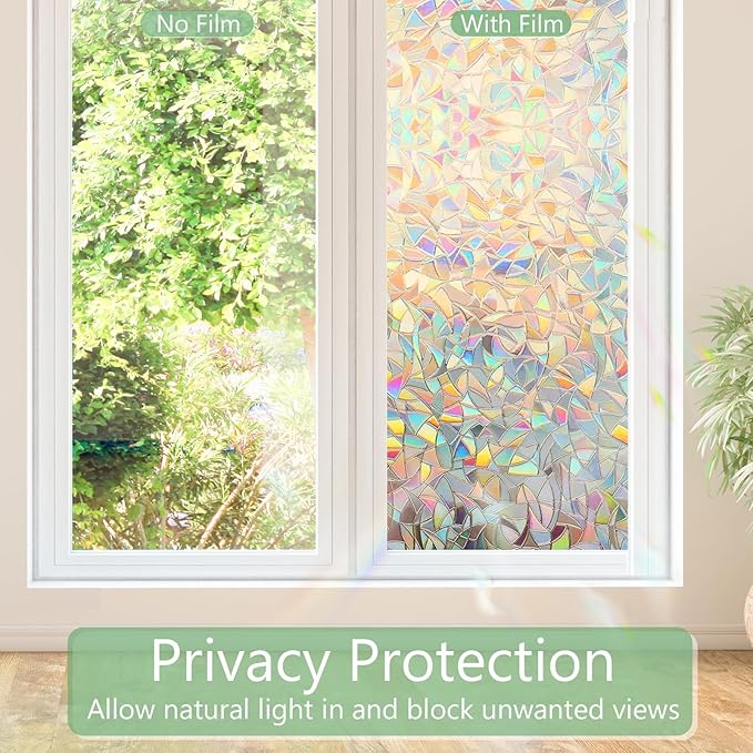 HIDBEA Window Privacy Film Static Clings, Rainbow Window Film, 3D Decals Non-Adhesive Window Vinyl Film for Home Door, 23.6 Inch x 6.5 Feet