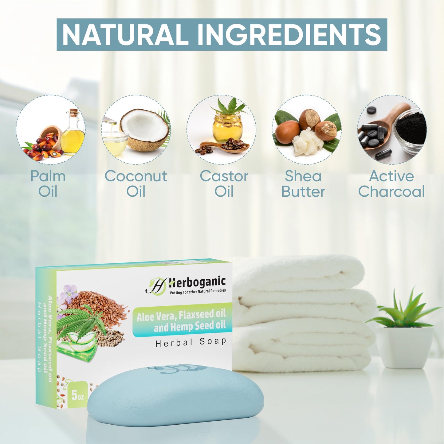 HERBOGANIC Aloe Vera Flaxseed and Hemp seed Herbal Soap | Pack of 3 of 5oz soap Bar | Natural Bar Soap for Face and Body | Hydra