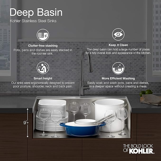 KOHLER Vault 30" Single Bowl 18-Gauge Stainless Steel Apron Front Kitchen Sink Undermount Installation K-3943-NA