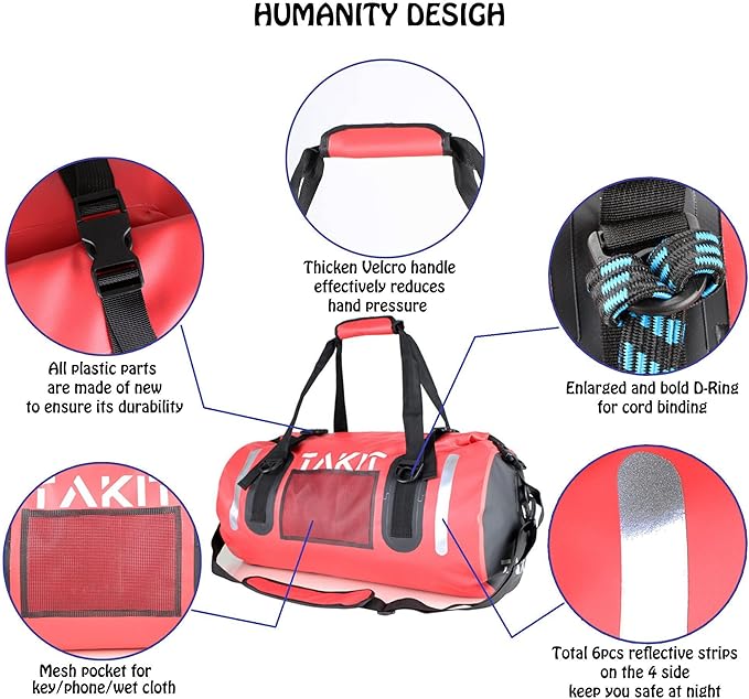 Waterproof Duffle Bag Travel Dry Bag 500D PVC for Motorcycle Tail Kayaking Rafting Boating Swimming Camping Hiking Beach Fishing (Red, 40L)