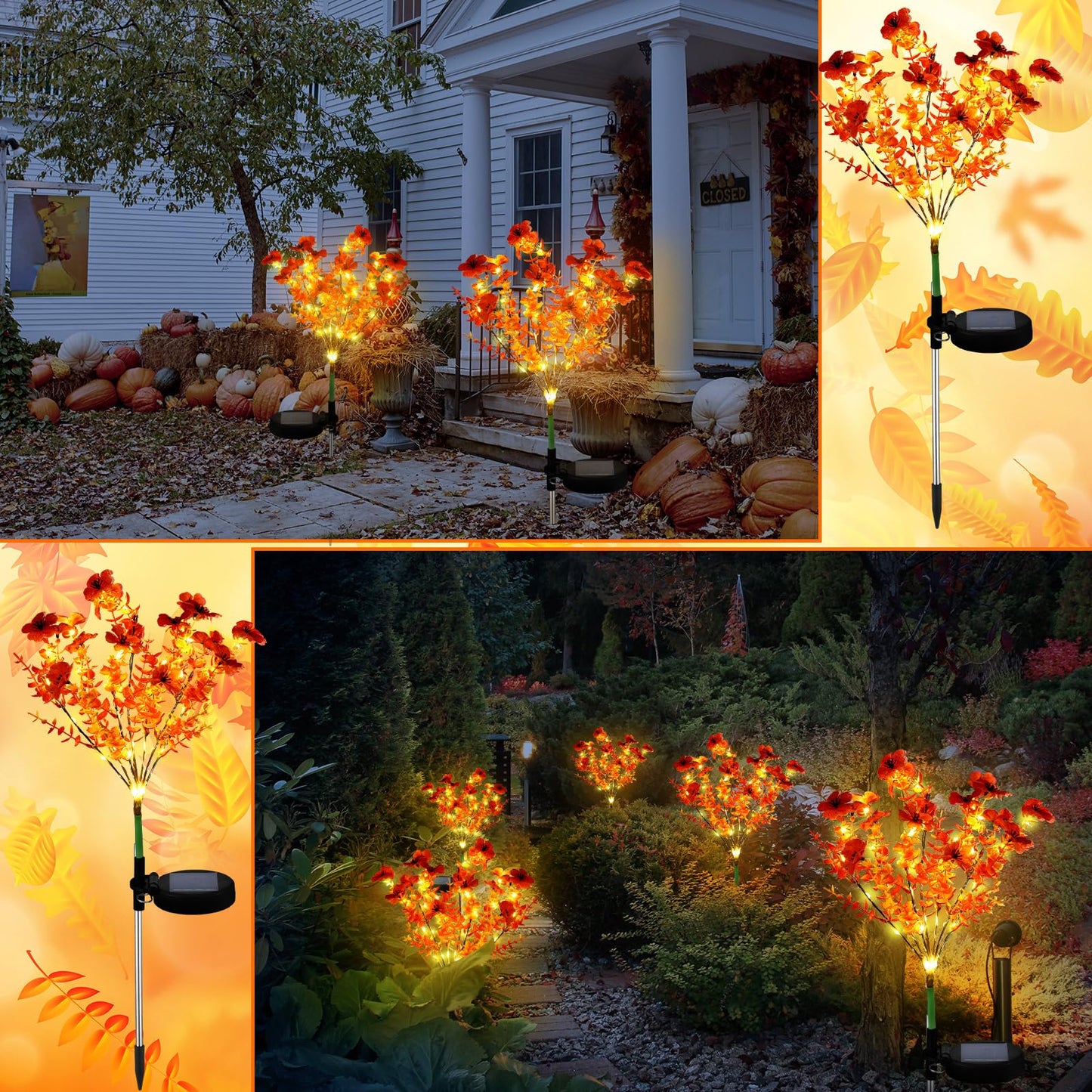 Glooglitter 2 Pack Fall Solar Stake Lights Thanksgiving Outdoor Decorations Waterproof Orange Mums Artificial Flowers Solar Lights For Outdoor Garden Yard Pathway Thanksgiving Fall Decor (Violet)
