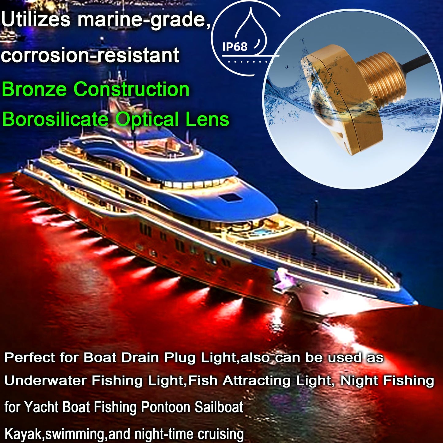 NBWDY Boat Drain Plug Light - 4100LM Waterproof Marine LED, Remote Control, Bronze Housing, 1 Pcs, Red
