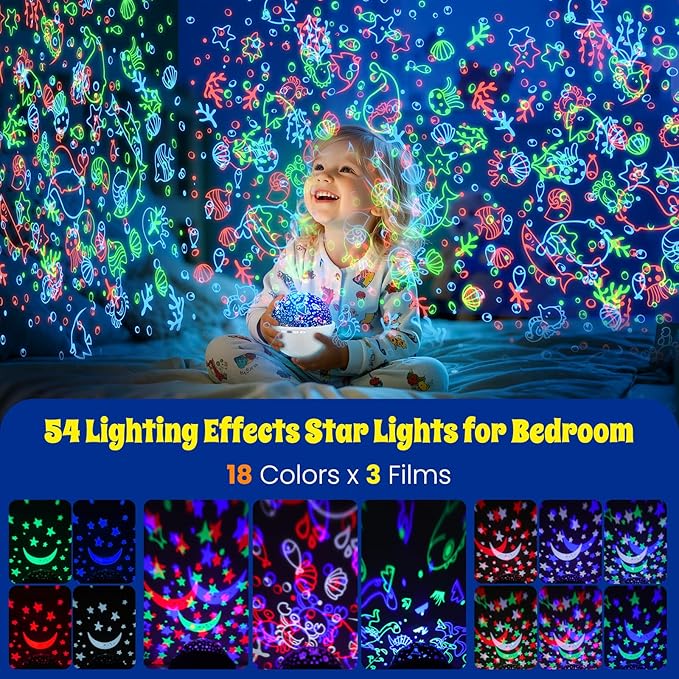 Night Light Projector,Night Light for Kids Room with Remote and Timer,360° Rotation,3 Projection Films,18 Light Modes,8 Lullaby Songs,Kids Night Lamp, Birthday Christmas Gifts for Boys Girls (White)