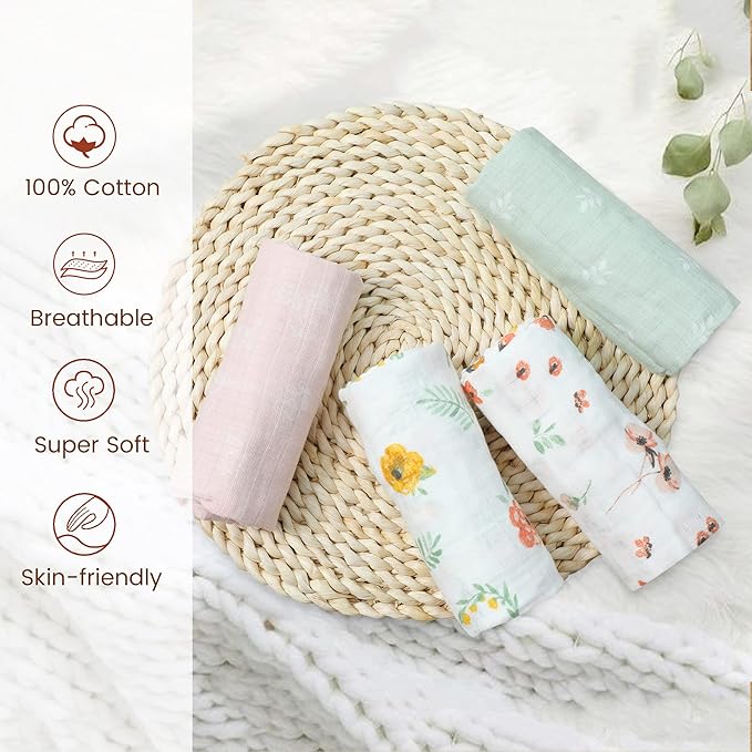 Viviland Baby Muslin Burp Cloths, 100% Cotton Super Absorbent Washcloths for Baby Girl and Boy, 10 x 20 inches 6-Layer Baby Bath Towels, Floral Pattern 4 Pack