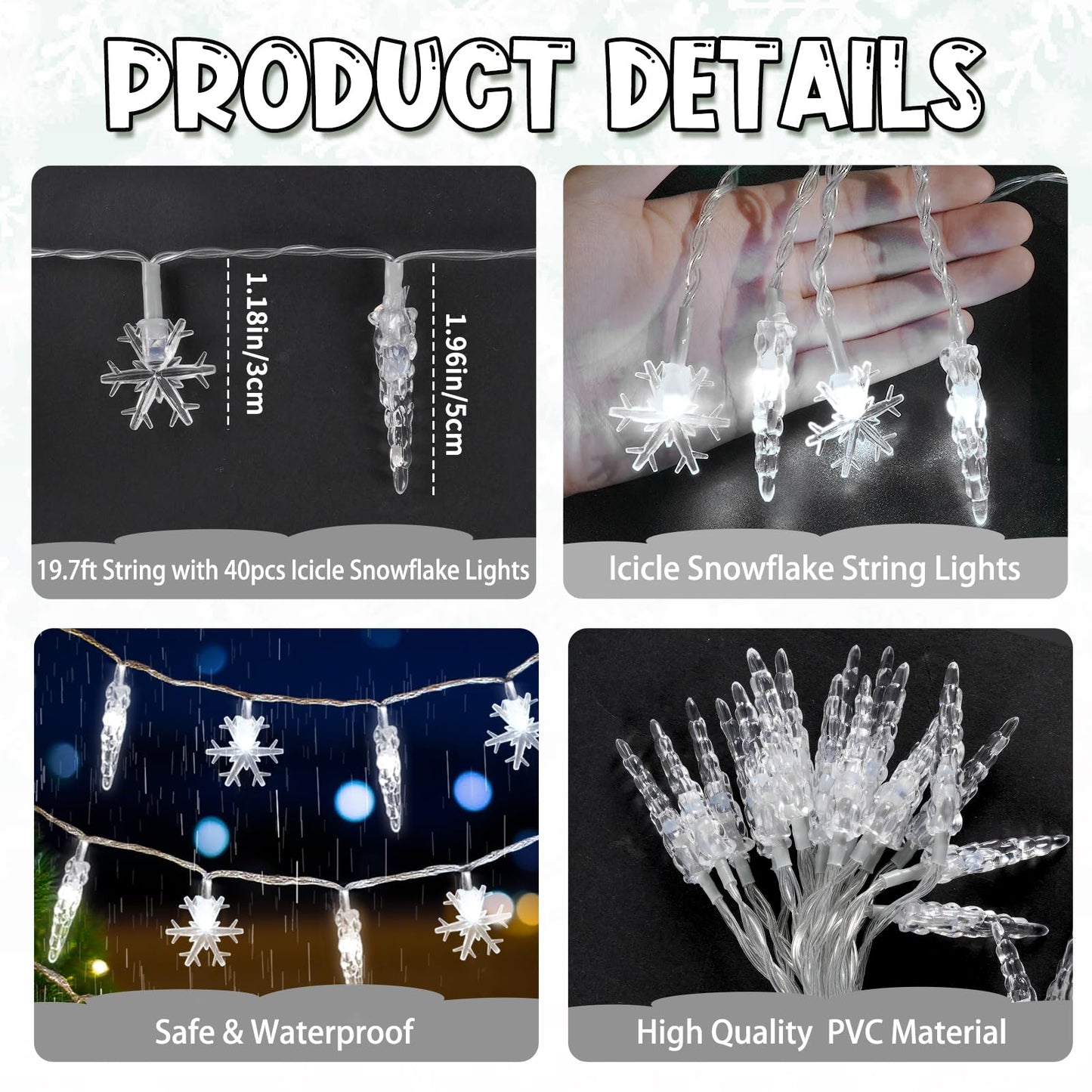 Gradesin 20Ft Icicle String Lights, 40 Led, Battery Operated, Cool White Acrylic For Indoor Christmas Decorations