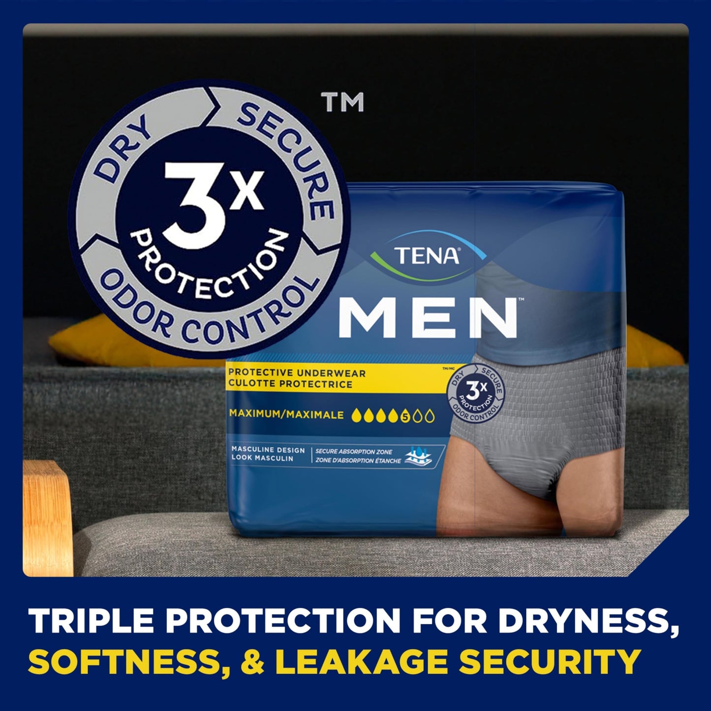 Tena Protective Incontinence Underwear for Men, Maximum, Large, Grey, 80 Count (Waist Size 34in-44in)