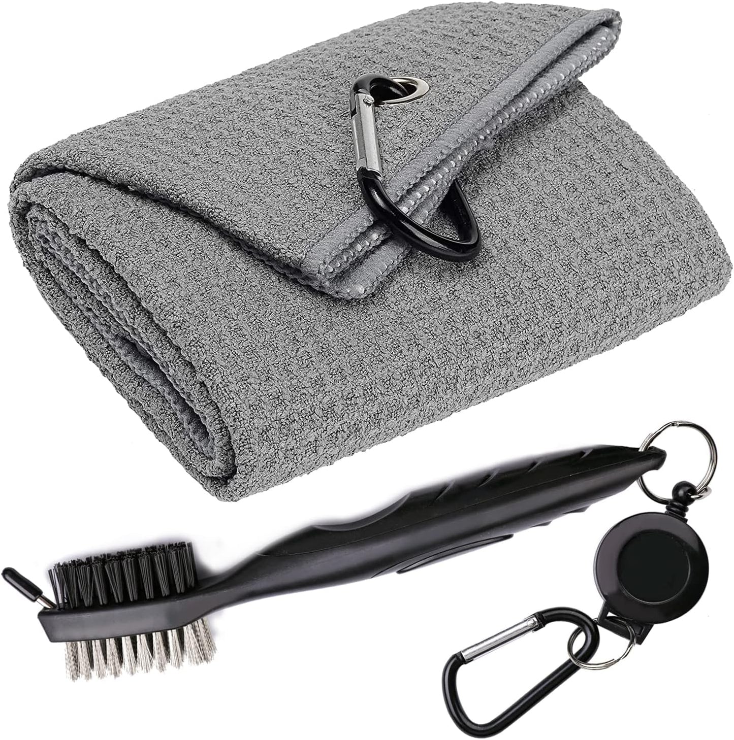 Golf Towels, Microfiber Waffle Pattern Tri-fold Golf Towel - Brush Tool Kit with Club Groove Cleaner, with Clip Men Women Golf Gifts (Gray)