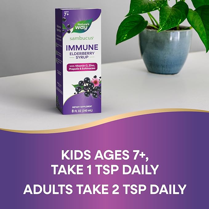 Nature's Way Sambucus Immune Syrup, Elderberry Extract, Vitamin C, Zinc, Echinacea, Propolis, Daily Immune Support*, Antioxidant Support*, Gluten free, Vegetarian, 8 Fl Oz