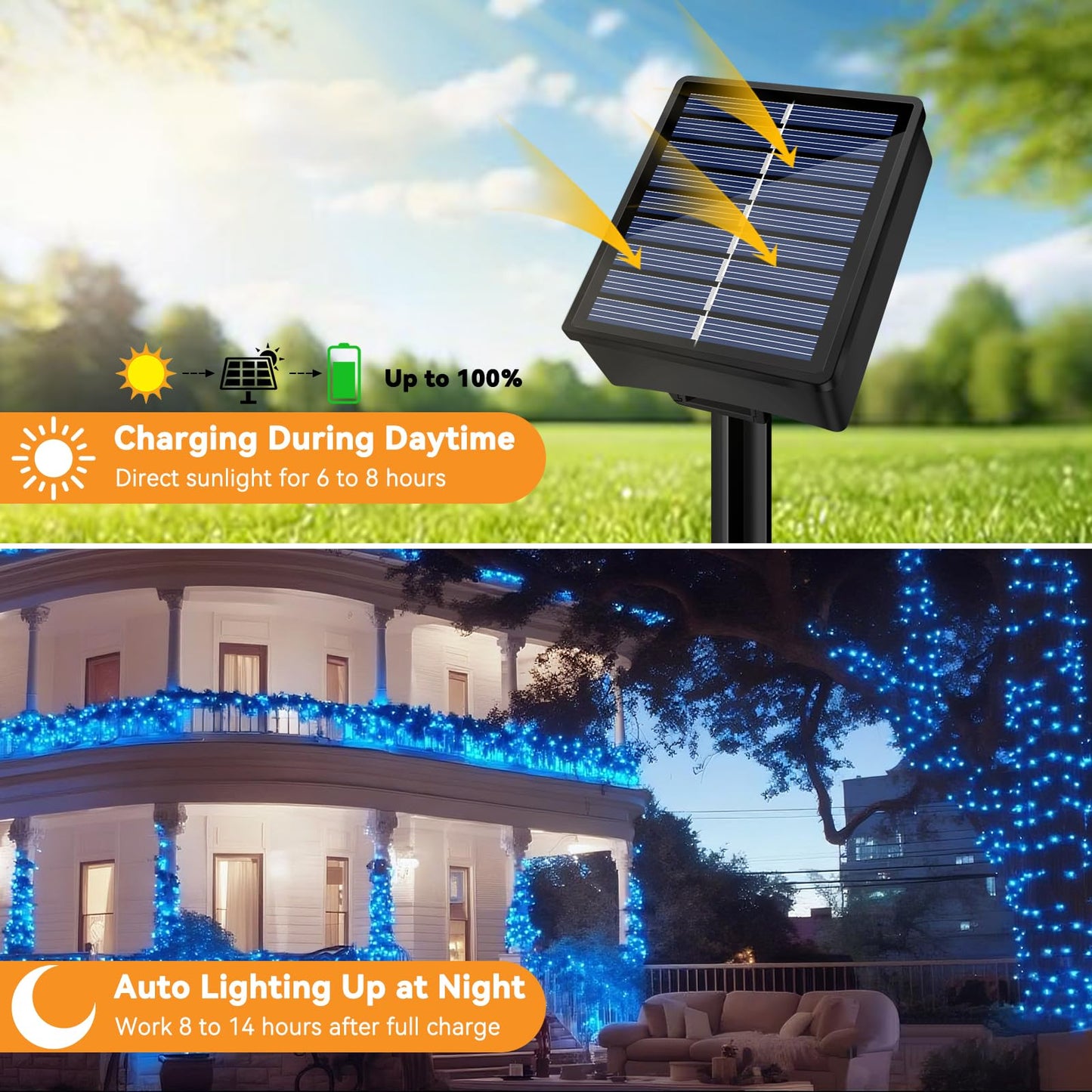 Solar String Lights Outdoor Waterproof 2 Pack Total 66Ft 200Led 8 Modes Twinkle Lights Solar Fairy Lights For Patio  Garden Yard Party Wedding Tree Christmas Halloween Decoration  Blue
