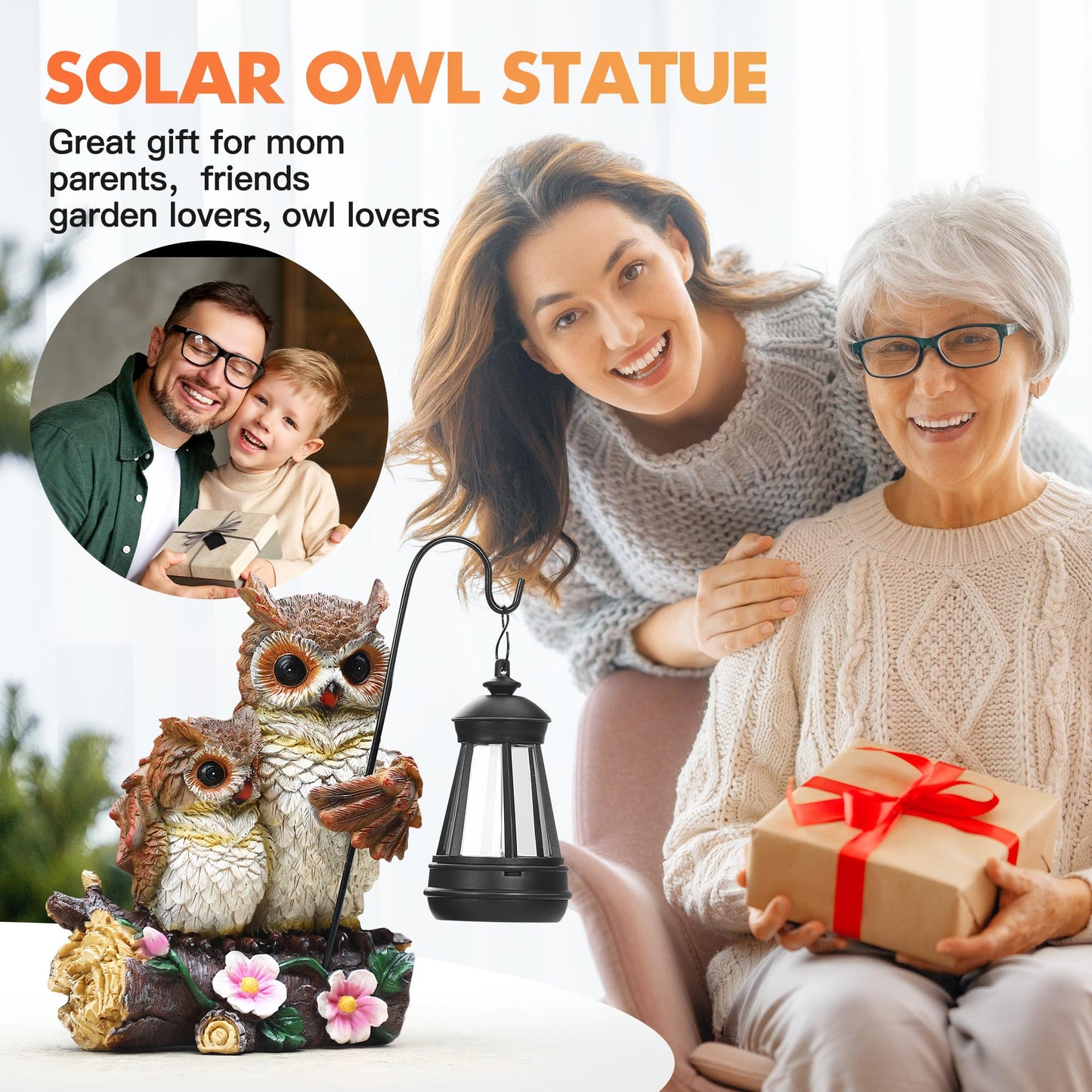 Json Garden Owls Statue With Solar Led Lantern  Loving Owls Family Embrace  Gifts For Mom Yard Art  Whimsical Figurine Large Sculpture Lighted Outdoor MotherS Day Spring Decorations For Lawn  Porch