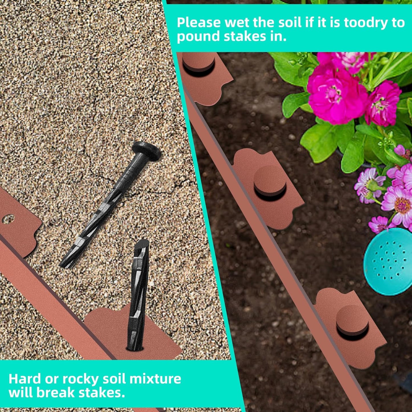 Landscape Edging Coil 66 FT, 4 Inch Tall Garden Edging Border Flexible Lawn Edging Kit with 60 Spikes, Plastic Edging for Landscaping Flower Beds Yard Pathway Paver Edging (4IN x 66FT, Brown)