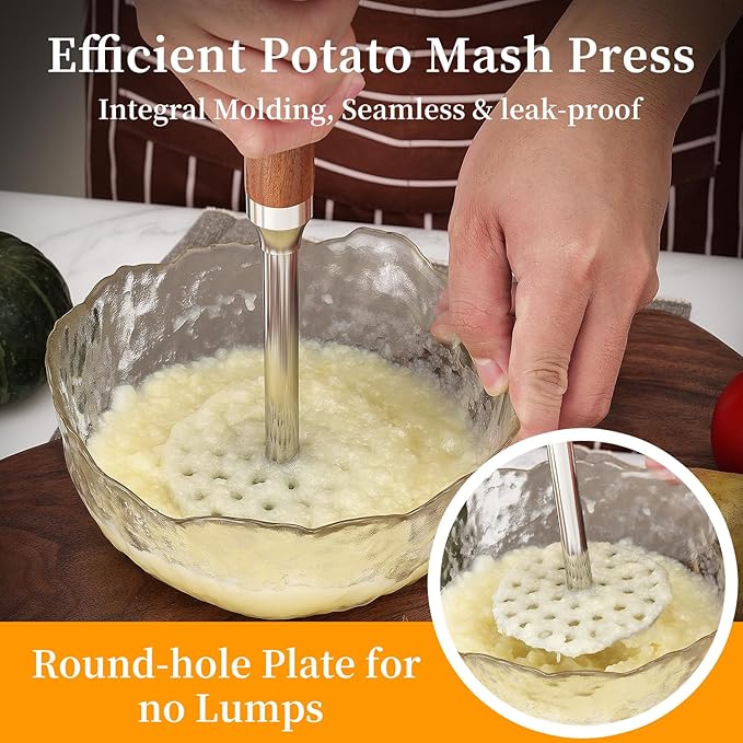 Stainless Steel Potato Masher with Solid Wood Handle, Multifunctional Food Masher with Bottle Opener Hook, Durable 10.4 inch Kitchen Tool for Potato, Veggie, Fruit, Avocado