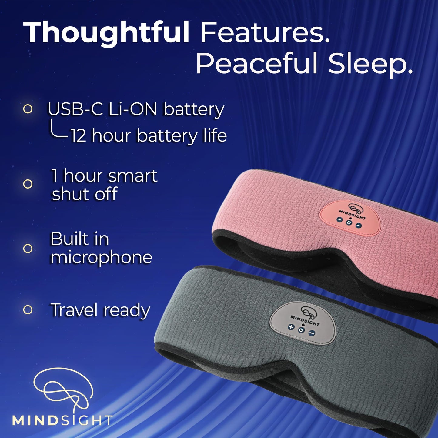 Mindsight DriftBand Sleep Mask with Bluetooth Headphones | Blackout Eye Mask with Memory Foam | Breathable Plush Fabric | Ultra-Thin Adjustable Speakers | Built for Sleep & Travel | Easy to Spot Clean