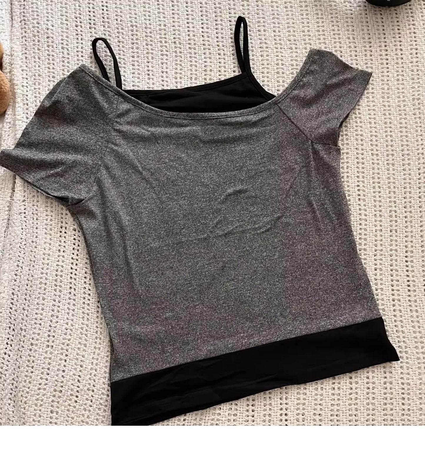 Emo Grunge Shirts Women 2000s Graphic Baby Tees Fake Two Piece Short Sleeve Vintage Y2k Crop Top Goth Alt Clothes (Grey Black,S,Small)