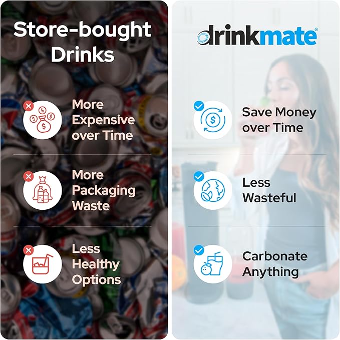 DrinkMate Sparkling Water and Soda Maker, Carbonates ANY Drink, Includes One 1L and One 0.5L Re-usable BPA-free Carbonating Bottles, 60L CO2 Cylinder and Patented Fizz Infuser, Matte Black