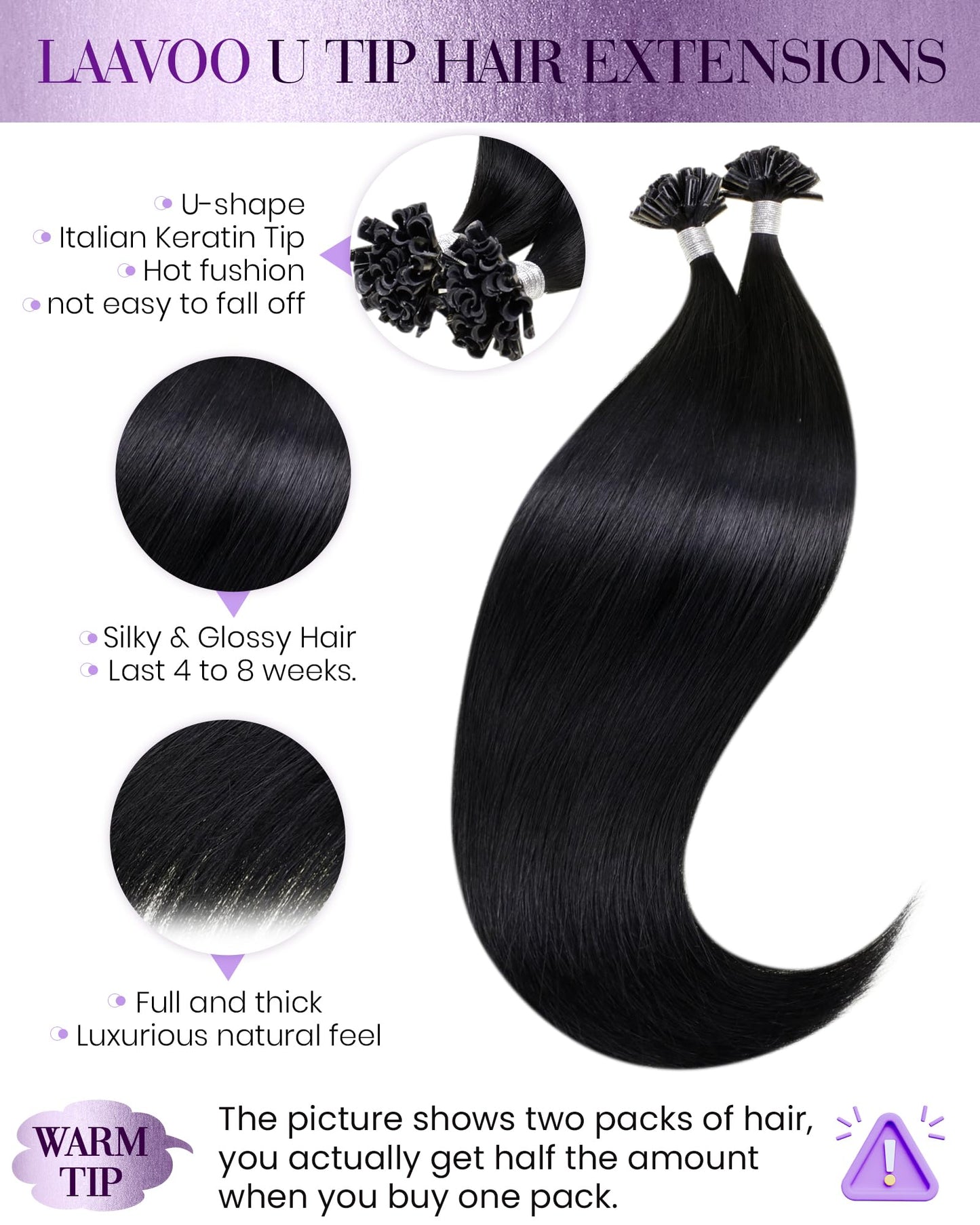 LaaVoo K Tip Hair Extensions Real Human Hair Black U tip Hair Extensions Human Hair Ktips Extensions Jet Black Silky Straight 50