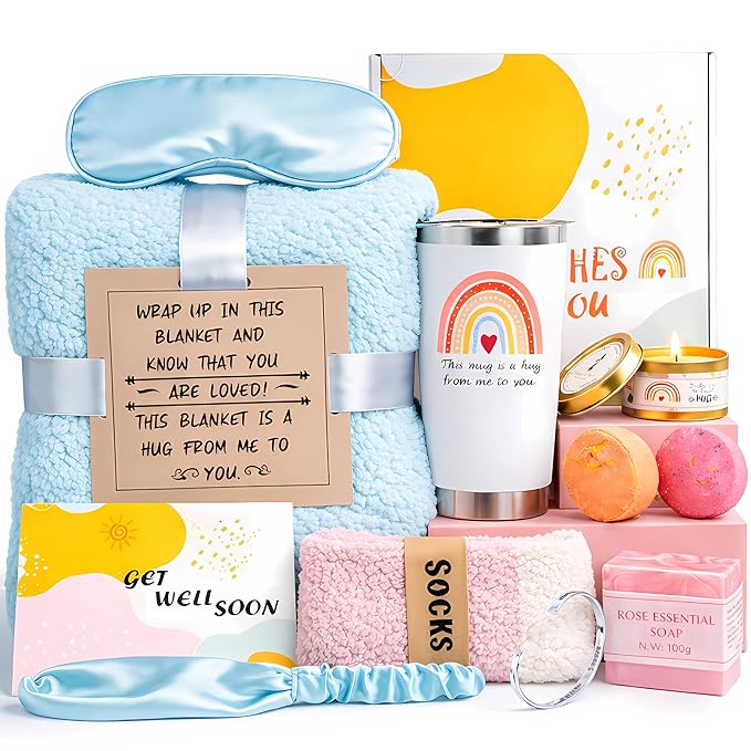 Get Well Soon Care Package for Women, 12 Pcs Deluxe Self-Care Gift Box with Cyan Cozy Blanket, Tumbler, Candle & Spa Feel ...