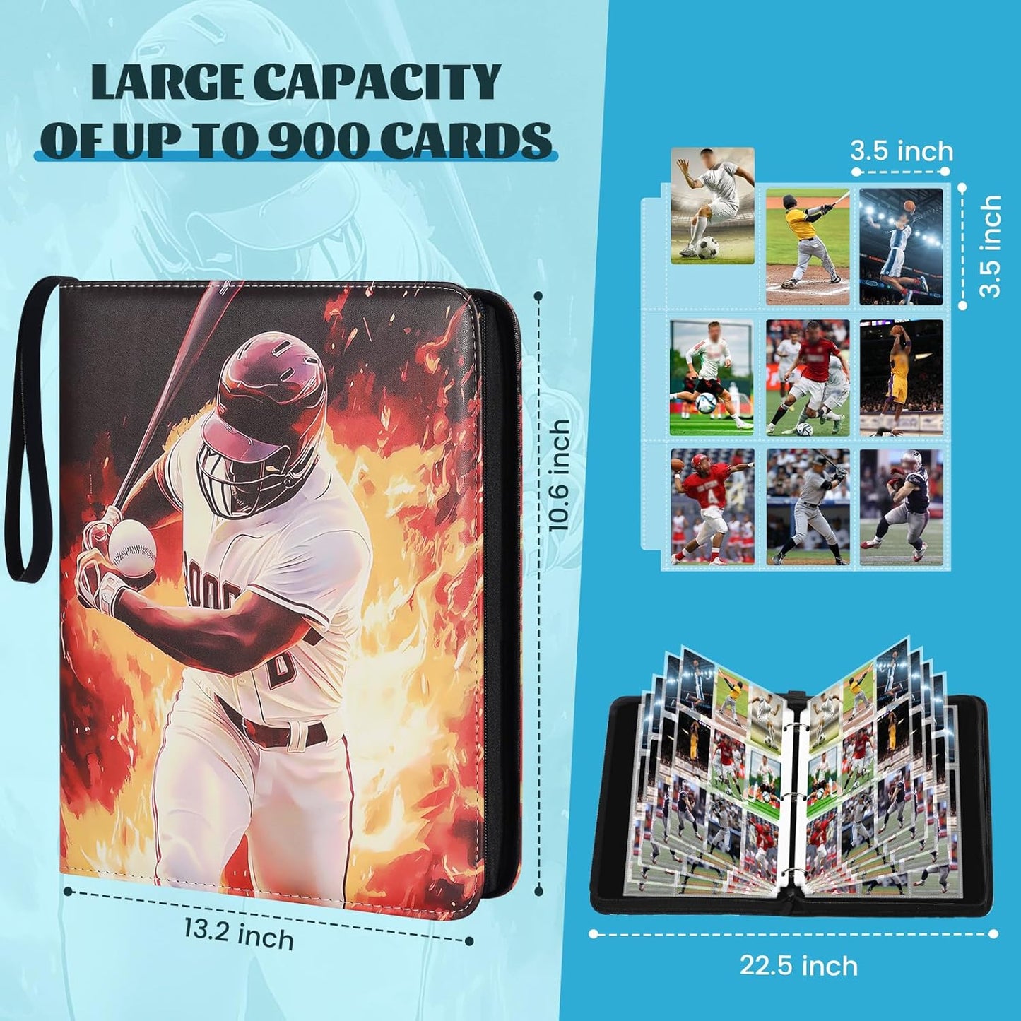 900 Pockets Baseball Card Binder for Soccer Trading Cards,Portable Waterproof Storage Bag with Removable Sleeves for Sports TCG Cards Collectors