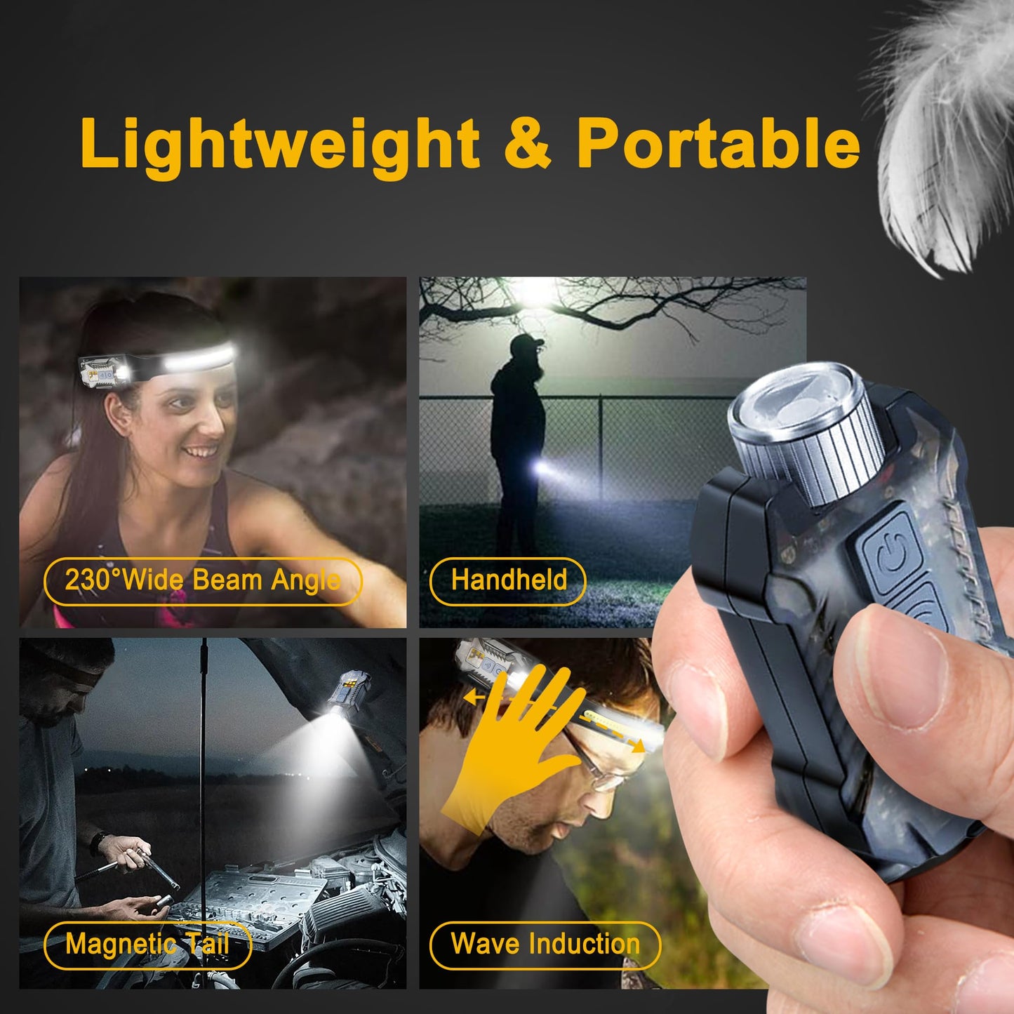 Head Lamp Led Rechargeable  230 Wide Beam Sensing Cob Headlamp Flashlight Detachable  9 Light Modes  Hard Hat Lamp  Ip65 Waterproof 400 Lumens For Camping  Hiking  Fishing  Working  Gift (Black)