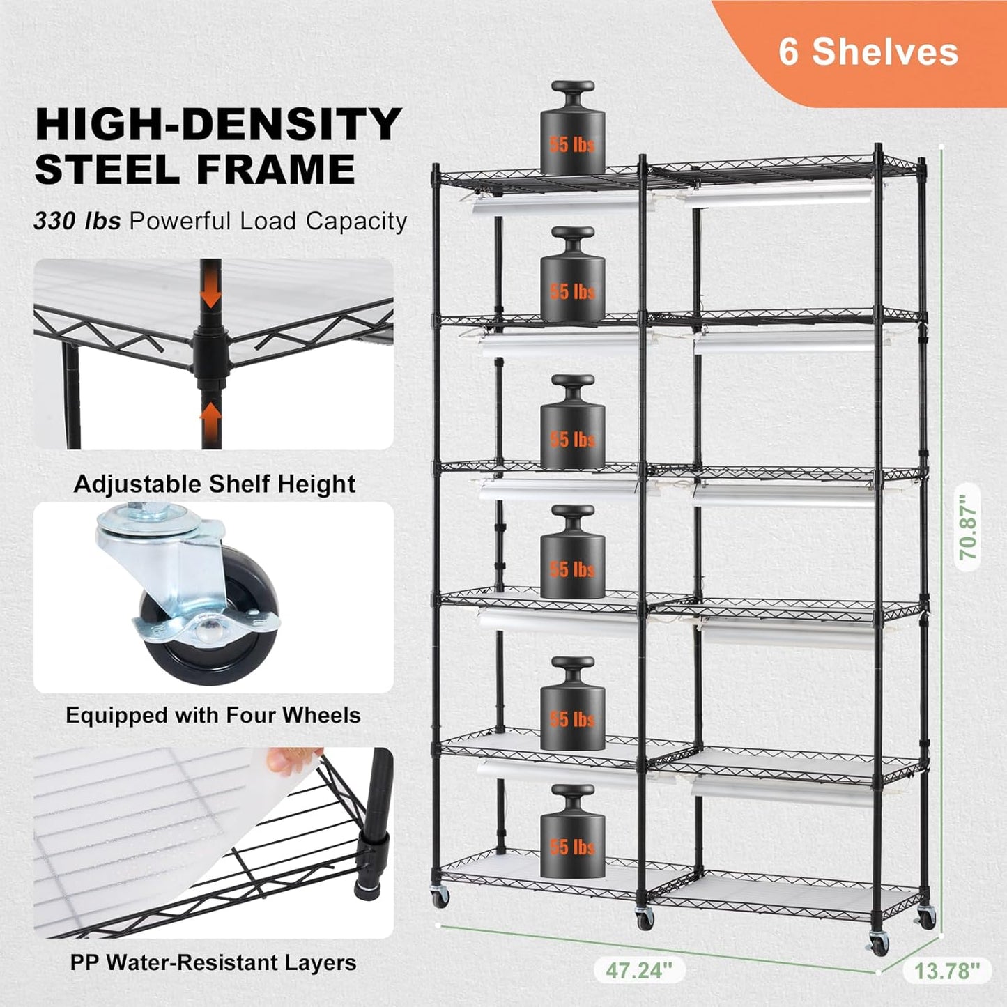 VEVOR Plant Stand with Grow Light, 6-Tier Large Tall Plant Shelf with 3000K 200W Full Spectrum Grow Light, Indoor Grow Light Shelf with Timer and Wheel for Seed Starting 47.2" L x 13.8" W x 70.8" H