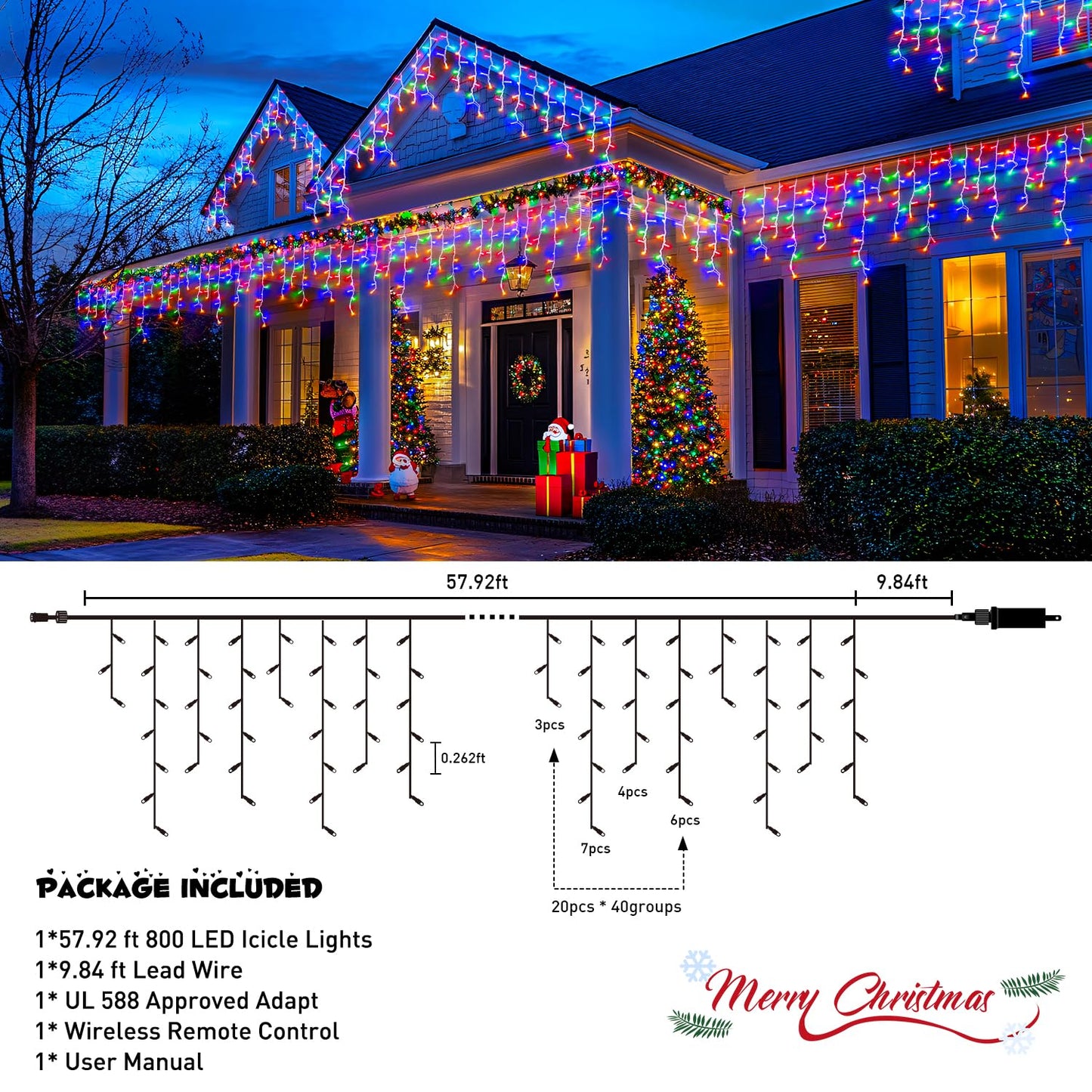 JMEXSUSS 800 LED Christmas Icicle Lights, Multicolor, Waterproof, 8 Modes, Model EXS-I-0800