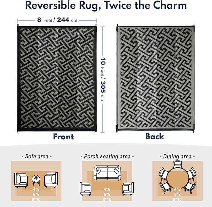Waterproof Outdoor Rug 8x10 ft, Reversible Plastic Straw Rug, Easy to Clean Patio Rug, Portable Carpet for Patio, RV, Deck, Balcony, Backyard, Picnic, Beach, I-Shaped, Black