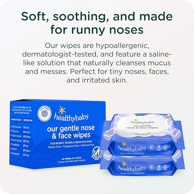 HealthyBaby Our Gentle Nose & Face Wipes | EWG Verified Safe | Soothing for Runny Noses & Sensitive Skin | Plastic-Free, Fragrance Free, Totally Chroline Free (6 boxes, 360 wipes)