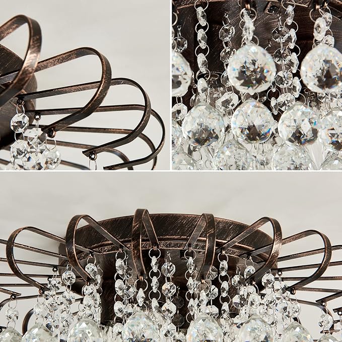 CVKASH 4-Light Crystal Floral Chandelier Modern Bronze Flush Mount Raindrop Crystal Ceiling Lighting Fixture Farmhouse Chandelier for Bathroom Living Room Bedroom Dining Room Entryway