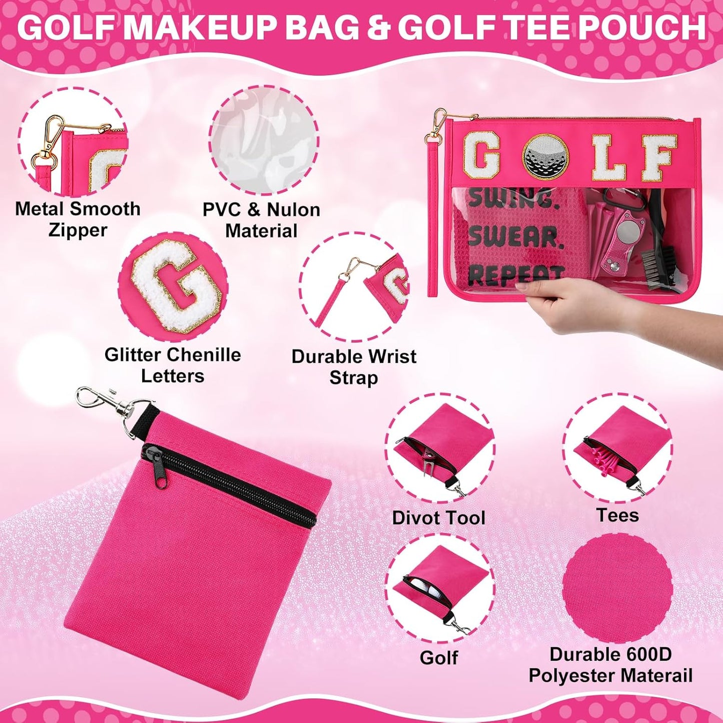 9 Pcs Golf Accessories Kit Included Golf Tees Towel Divot Tool Cleaner Brush Ball Bag PVC Makeup Bag with Chenille Letter Patch for Women Men Christmas Birthday Retirement Gifts