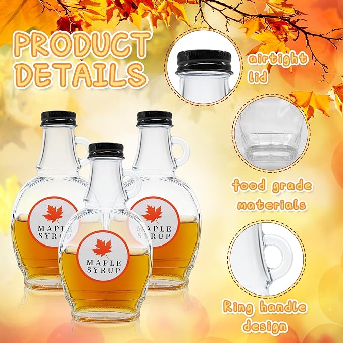 5 oz Maple Syrup Bottles with Loop Handle Black Aluminum Lids, Clear Glass Bottles with Round Stickers, Maple Syrup Jars Container Sample for Gift Juice Milk Sauce Storage (12)