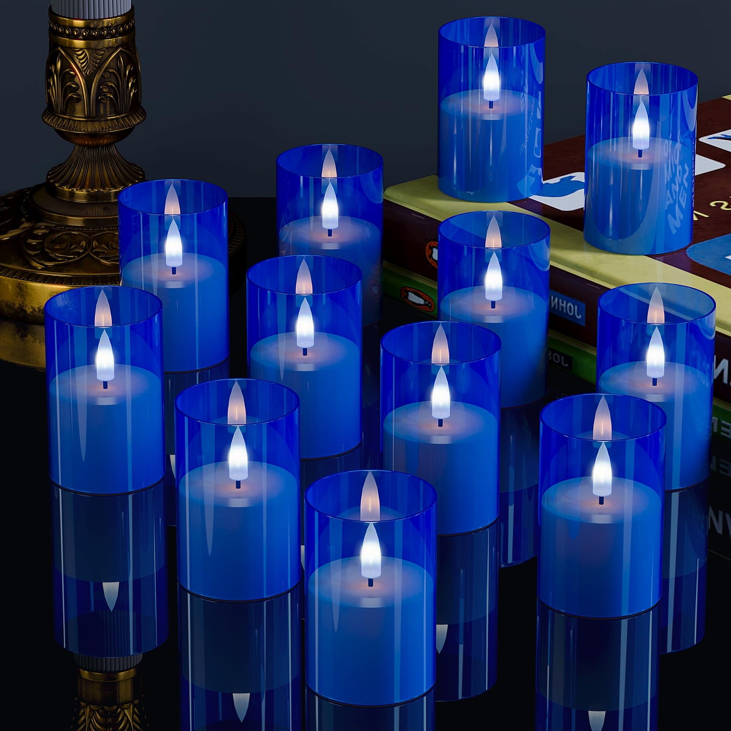 VIODAIM 12Pack Flickering Flameless LED Candles with Timer, Battery Powered - Small Pillar & Votive, Acrylic Made, Blue (2X3)