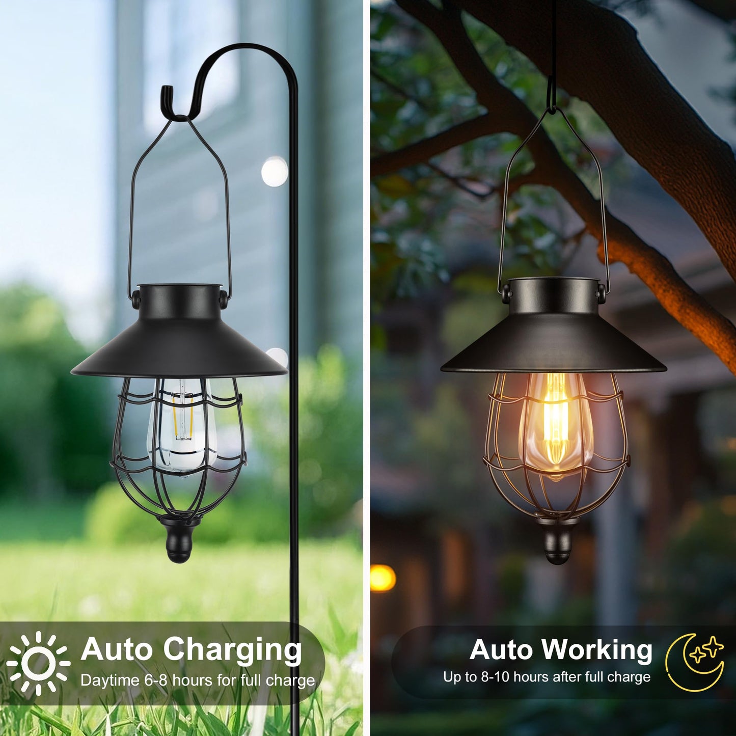 Pearlstar Solar Lanterns Outdoor Hanging Metal Vintage Lights, Waterproof Edison Bulb Design, Black, 2 Pack