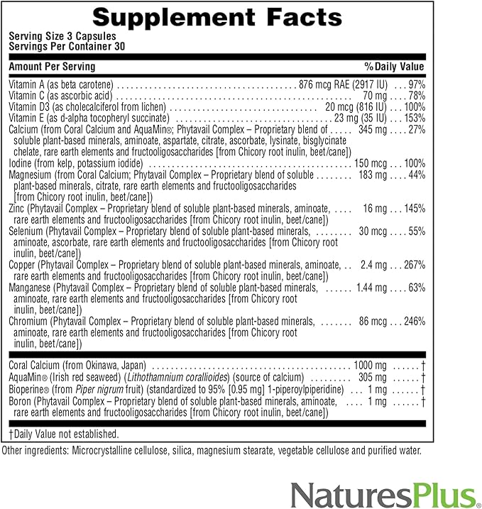 NaturesPlus Activated Coral Calcium - 345 mg, 90 Vegetarian Capsules - Natural Calcium Supplement with Magnesium & Vitamins, Supports Bone Health - Hypoallergenic, Gluten-Free - 30 Servings