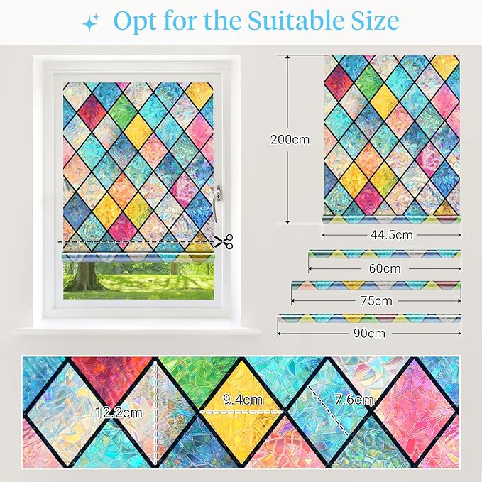 Haton Stained Glass Window Film, Rainbow Window Privacy Film, Decorative Sun Blocking Glass Clings Stickers, Static Cling Colorful Lattice Coverings Decals for Home Door 17.5" x 157.4"