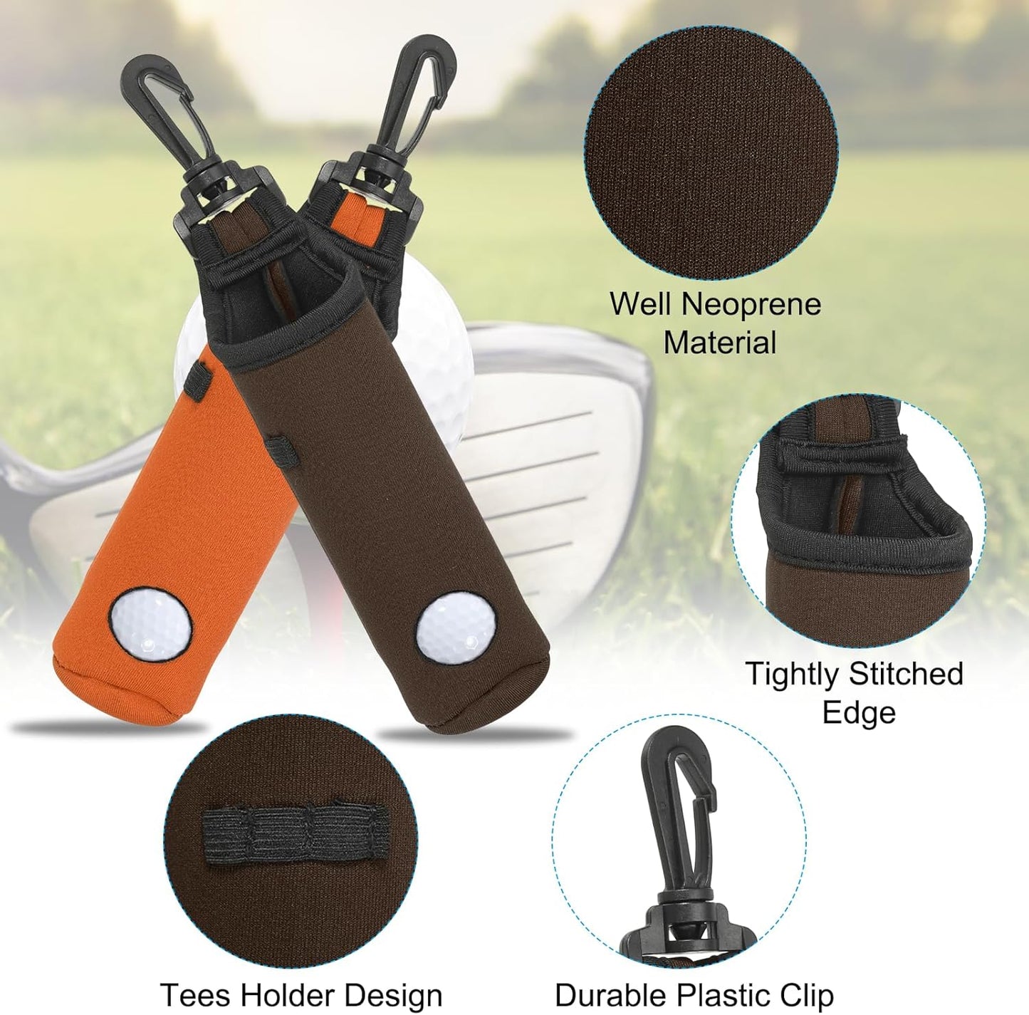 PATIKIL Golf Ball Carry Bag, 2 Pcs Golf Tee Holder Pouch Portable Neoprene Golf Ball Holder with Clip for Men and Women Storage Gifts, Brown