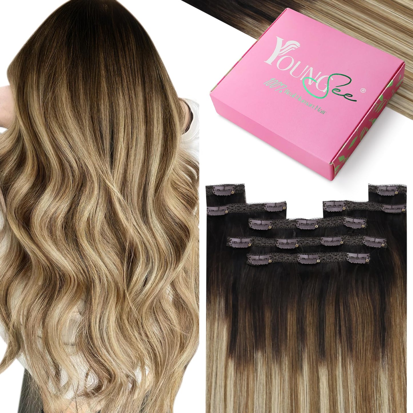 YoungSee Clip in Human Hair Extensions Balayage Clip in Hair Extensions Real Human Hair Dark Brown Roots Blending into Medium Br