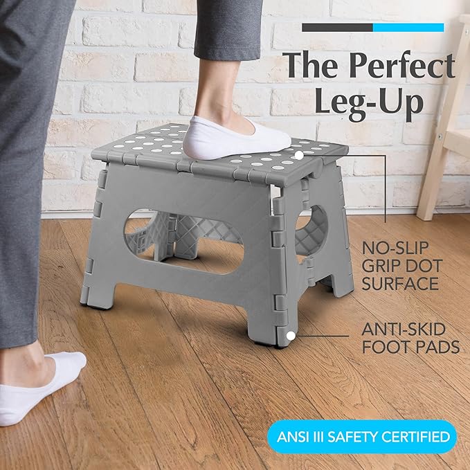 Handy Laundry Folding Lightweight Step Stool - Sturdy Enough to Support Adults and Safe Enough for Kids - Opens Easy with One Flip - Great for Kitchen, Bathroom or Bedroom (Grey - 8 Inch)