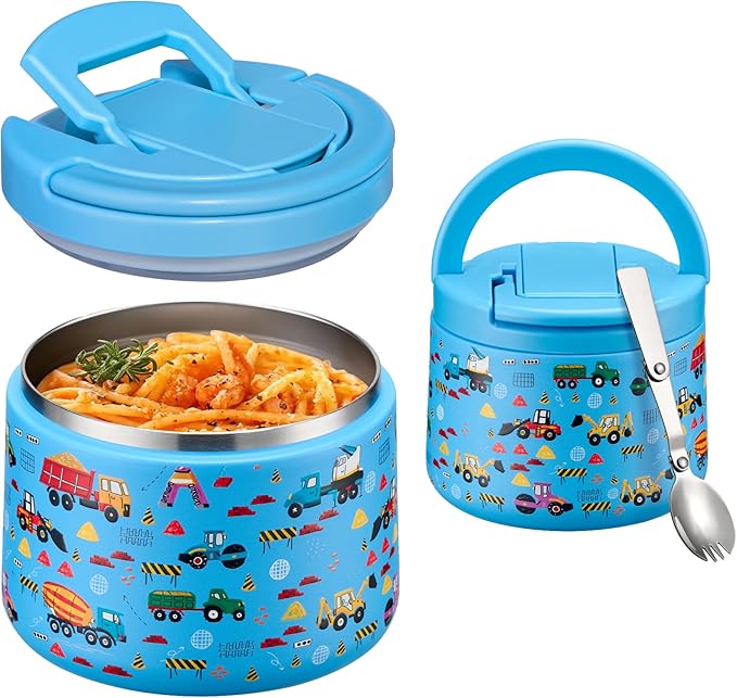 Kids Thermo for Hot Food, 14oz Insulated Soup Jar, Stainless Steel Lunch Box with Leakproof Lid & Spoon, Vacuum Insulated Bento Container (Truck)