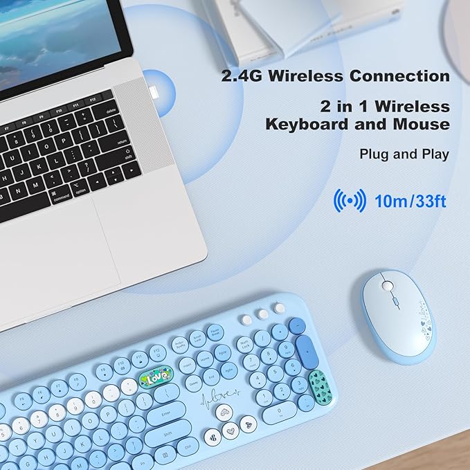 MOFII Wireless Keyboard and Mouse Combo, Cute Retro Typewriter Keyboard and Silent Mouse, 2.4GHz Full Size Computer Keyboard Wireless Mouse Set for PC, Laptop, Desktop, Windows (Blue Colorful)