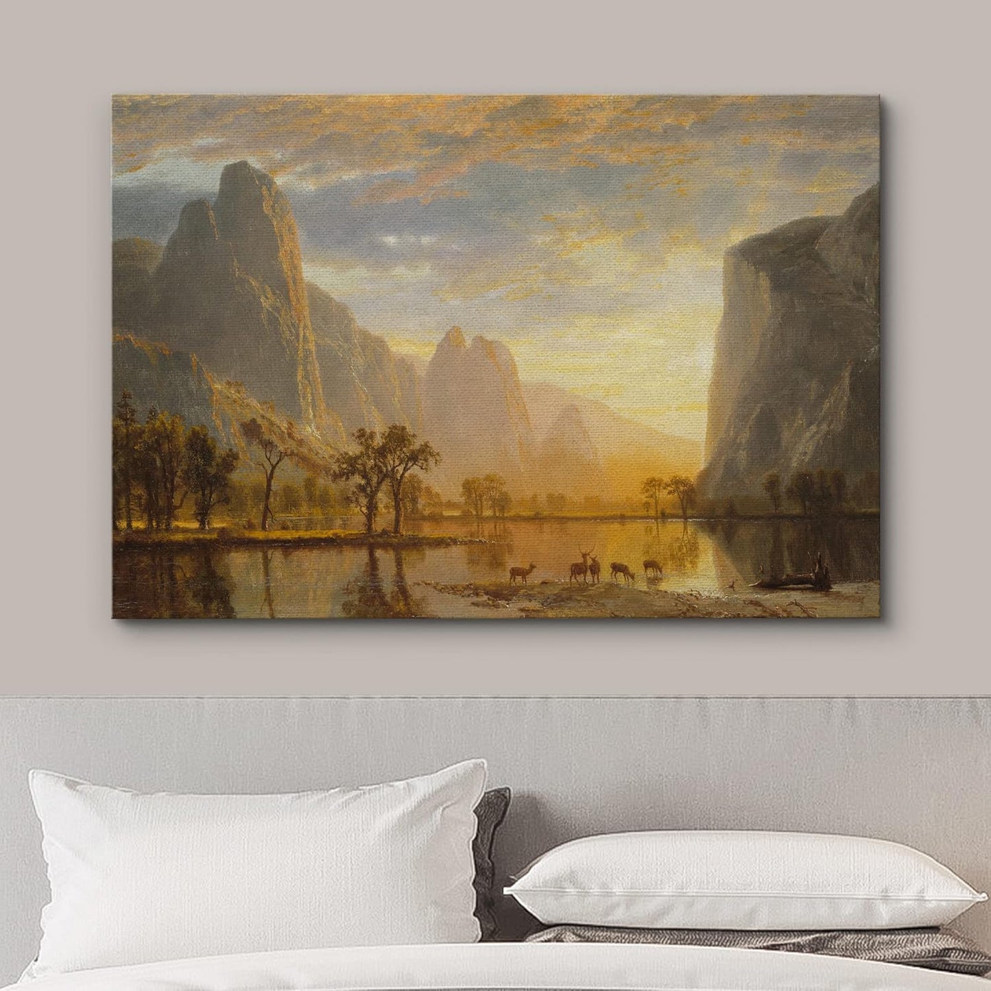 wall26 Canvas Print Wall Art Golden Hour Over Mountain Landscape & Deer Nature Wilderness Illustrations Modern Art Rustic Scenic Colorful Multicolor for Living Room, Bedroom, Office - 24"x36"