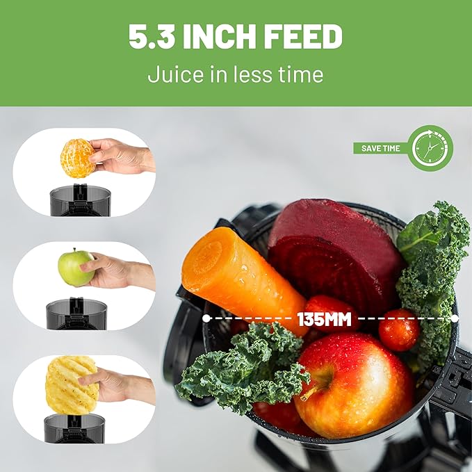 Fretta Cold Press Juicer,Juicer Machines Vegetable and Fruits,Masticating Juicer with 5.3'' Large Feed Chute fit Whole Fruits,BPA-Free, Reverse Function,250W
