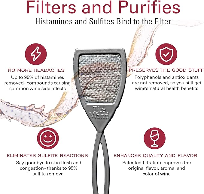 PureWine The Wand Wine Purifier - Red & White Wine Filters for Histamines & Sulfites, Sulfite Remover Sticks, Helps Allergies & Headaches, Gift Accessories for Women & Men - 48 Wands, Silver