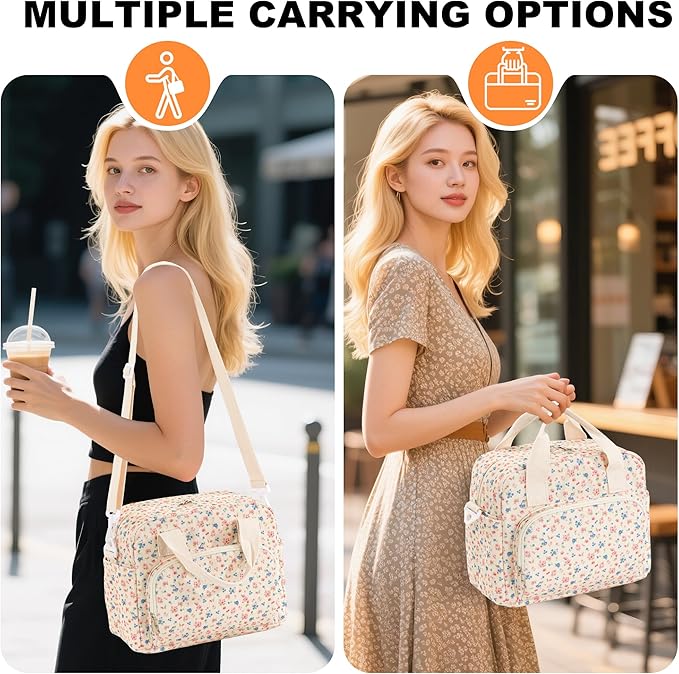 Large Lunch Bag for Women Insulated Lunch Box Reusable Cooler Bag Portable Cute Corduroy Leakproof Tote Bags for Travel, Work, and Picnic, Pink and Blue Flower