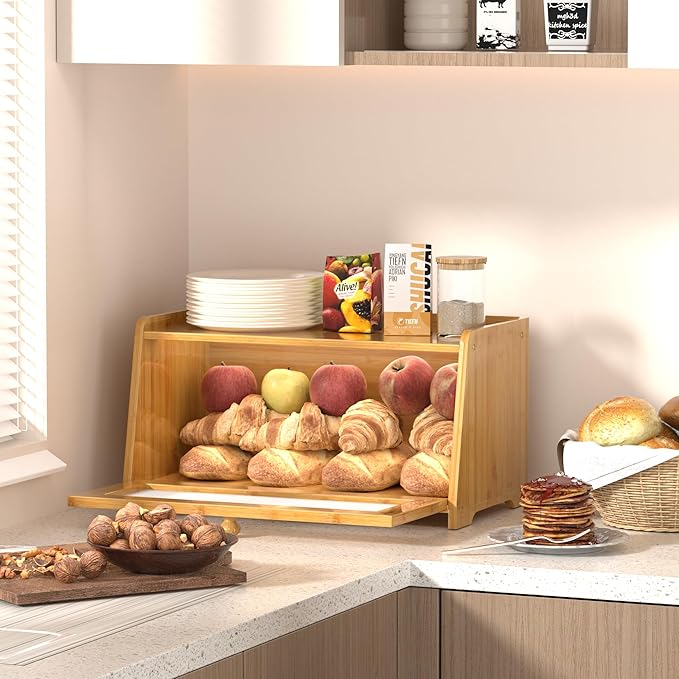 Bread Box for Kitchen Countertop, Vintage Wooden Counter Breadbox, Bamboo Bread Storage Container Bin for Homemade Bread, Small Farmhouse Corner Breadbox Organizer with Acrylic Window, Natural